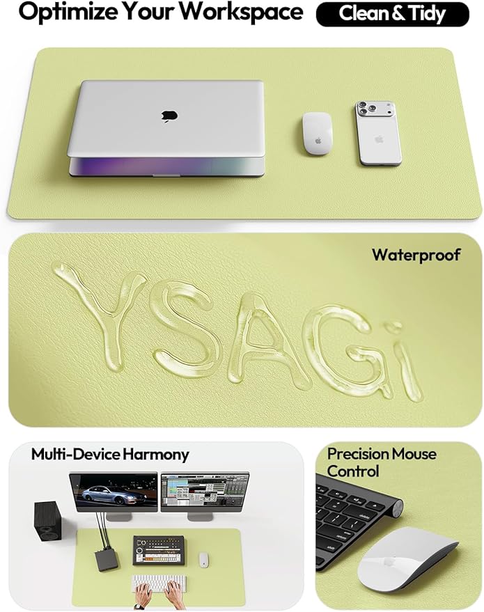 YSAGi Leather Desk Protector, Office Mat, Large Mouse Mat, Non-Slip PU Leather Blotter, Laptop Pad, Waterproof Writing Pad for Office and Home (Peak Green, 47" x 17")