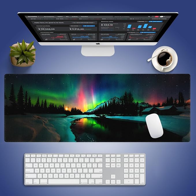 Extra Large Gaming & Office Mouse Pad (31.5" x 11.8") – Aurora Borealis Over Winter Landscape Snow Mountains & Calm Lake & Captivating Night Sky, XXL Desk Mat with Durable Stitched Edges | Calm Lake Captivating Night Sky, Nature Dark Forest, 31.5" x 11...