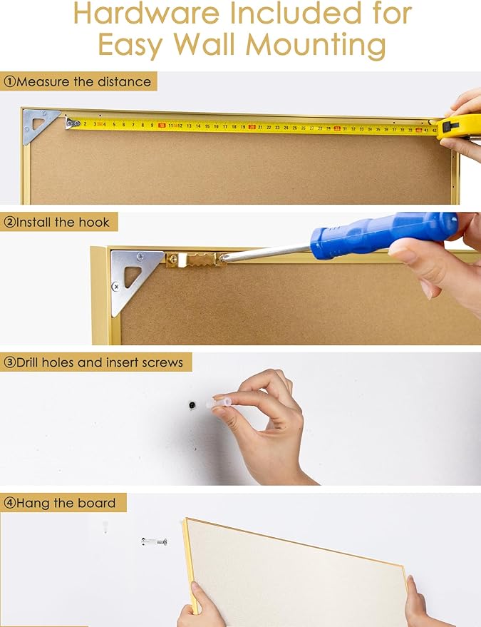 Fabric Bulletin Board 30x20 inches, Golden Aluminum Framed Wall Pin Board | Cork Board Alternative for Wall with Push Pins for Office and Home, Linen Display Mood Board for Photos, Notes & Reminders