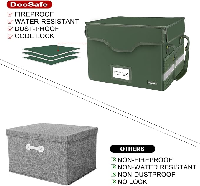 DocSafe Fireproof Document Box with Lock,File Storage Organizer with Pockets,Collapsible Portable File Box Home Office Safe Filing Cabinet with Handle for Hanging Letter/Legal Folders,Green,2 Pack