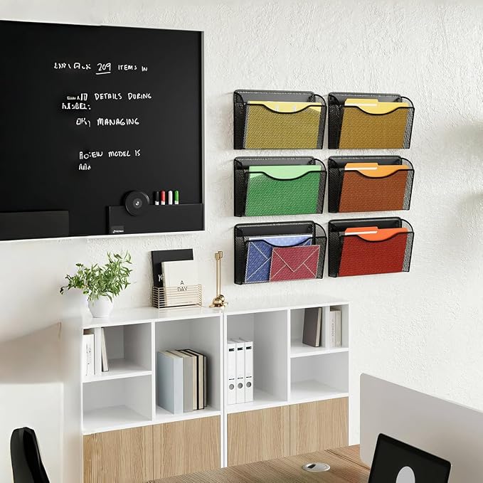 MINDEPOT Magnetic Wall File Organizer, Hanging File Holder, 6 Pack, Black | Heavy Duty Iron, Powerful Magnet, Metal Mesh Wall Mount, Single Pocket, for Office School Classroom Home, Letter A4 Size