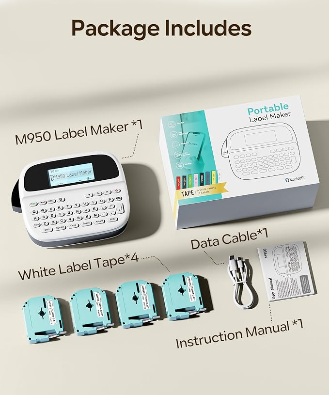 Label Maker Machine with Tapes, Rechargeable Backlight Label Maker 12mm | Freezer Waterproof-Labels, Bluetooth Labeler Machine with 4 Tapes, VolenGo M950 Label Printer for Home/Office/School Supplies