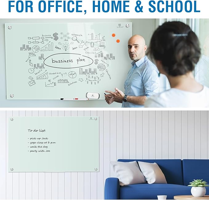 Glass Dry-Erase Board - 36 x 24 Inches Wall Mounted Whiteboard with Magnetism, Large Frameless Glass White Board for Office, Home & School