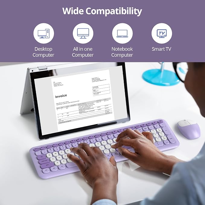 surmen Purple Keyboard and Mouse Wireless, Cute Wireless Typewriter, Full Size Slim Silent Round Keys Aesthetic Keyboard for Home and Office(Colorful Purple)