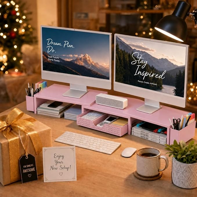 Desk Organizers and Accessories, Dual Monitor Stand Riser with Drawer and 2 Pen Holders, Desk Shelf Computer Racks for Office Workspace Organizers, Desktop Organization (Pink)