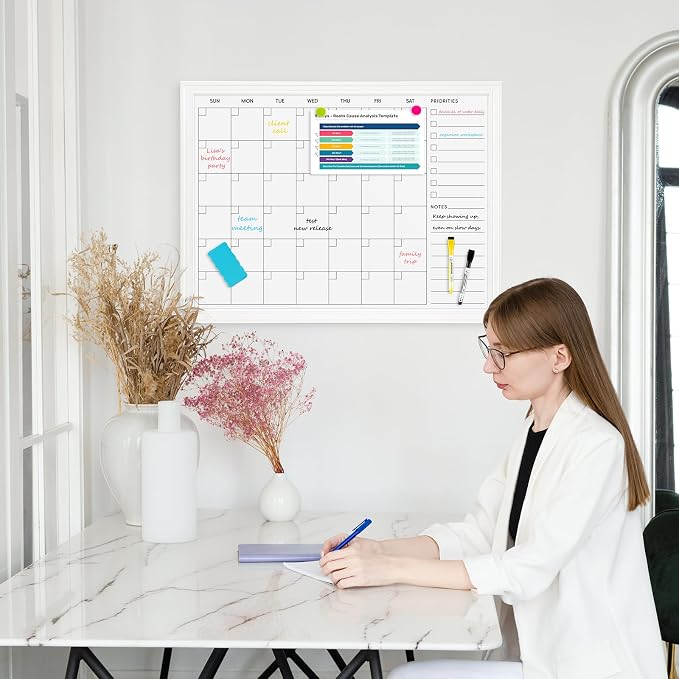 DOLLAR BOSS Magnetic WhiteBoard Calendar, 24x18 in, Monthly Dry Erase Board | Monthly Dry Erase Planner for Wall with White Wood Style Frame for Office, School, Dorm, Home Decor