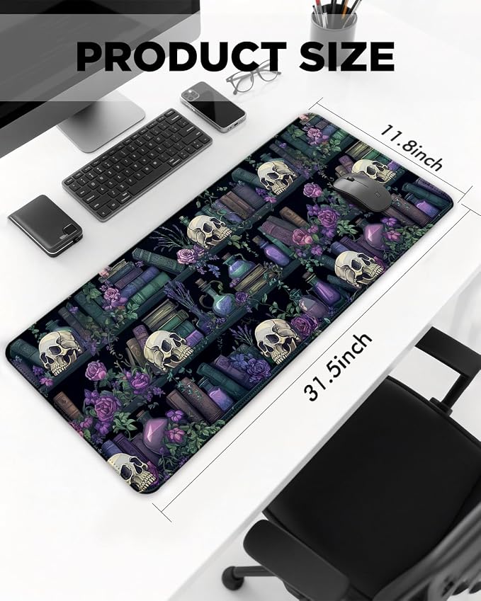 Mouse Pad, Desk Mat, 31.5x11.8in Large Mousepad, Skull Bookshelf | Desk Pad with Stitched Edge & Rubber Non-Slip Bottom, Gaming Mouse Pad, Extended Mousepad for Home, Office