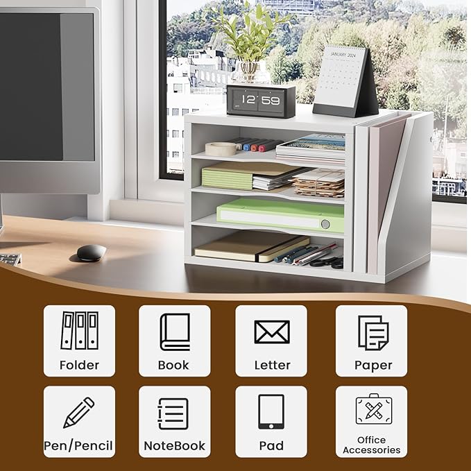 Mail Sorter, File Organizer Desktop, Wood Desk Organizer with 3 Adjustable Shelves, Mail Holder for Office, Home, Letter Sorter File Holders for Envelopes, Mail Supplies Magazines, White