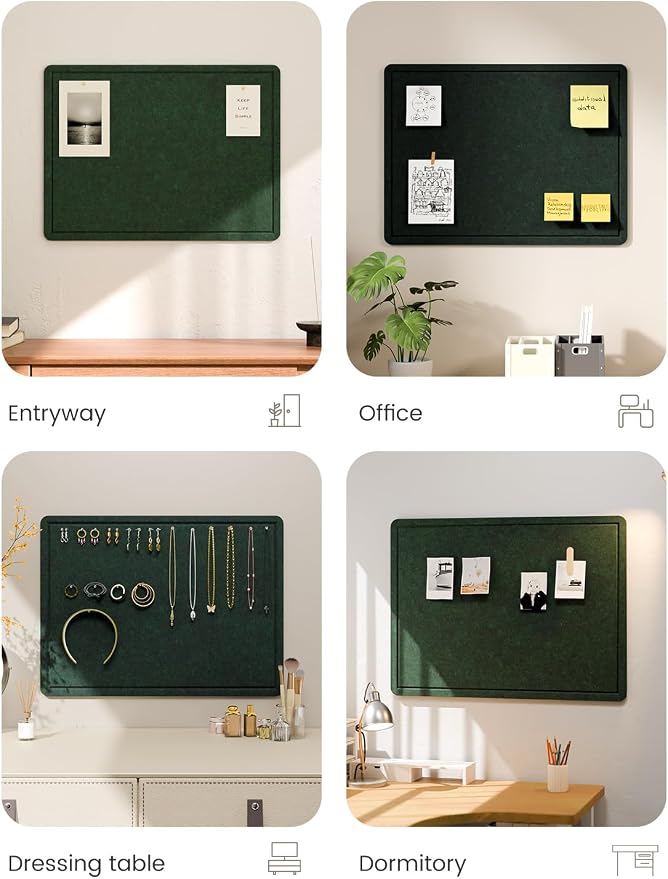 Fluxynara 23.6" x 17.1" Bulletin Board, Pine Green | Cork Board Alternative with 12 Removable Adhesive Tabs, Foldable Felt Pin Board for Home, Office, Classroom & Dorm