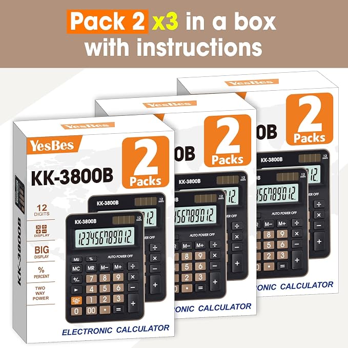 6 Pack Calculator Bulk, 12 Digit Desk Calculator with Large LCD Display & Big Buttons, Dual Power Solar & Battery, Standard Basic 4 Function Calculator for School, Office, Home