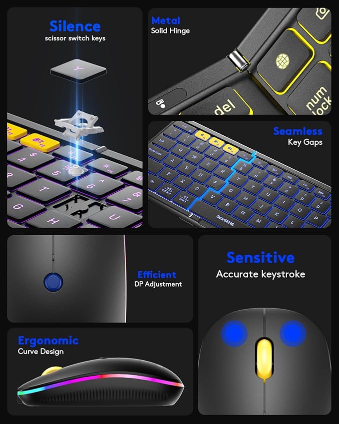 Foldable Keyboard and Mouse, Samsers Folding Bluetooth Keyboard Combo, 2.4G + BT5.0 x 2, Full-Size Portable Travel Keyboard & Rechargeable Wireless Mouse for Windows Android iOS Mac OS, Black