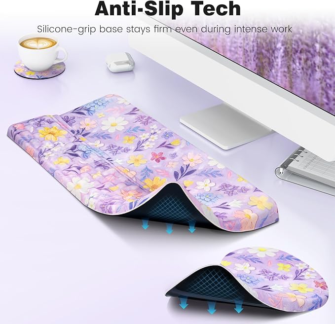 Ospelelf Keyboard Wrist Rest and Mouse Pad Set, Ergonomic Memory Foam Wrist Support, Aesthetic Desk Accessories for Office, Home & Gaming, Relief for Carpal Tunnel & Wrist Pain, Purple Floral