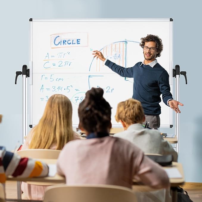 VIZ-PRO Rolling Whiteboard, 48" x 36" Mobile White Board with Stand | 4' x 3' Double-Sided Standing Magnetic Dry Erase Board on Wheels for School Office Home