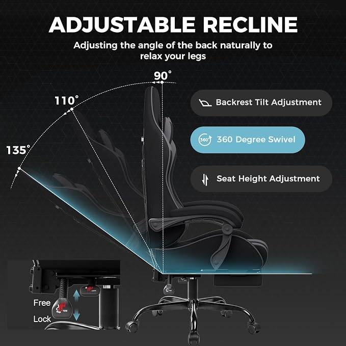 GTPLAYER Gaming Chair, Computer Chair with Footrest and Lumbar Support, Height Adjustable Game Chair with 360°-Swivel Seat and Headrest and for Office or Gaming (Darkgray, Fabric)