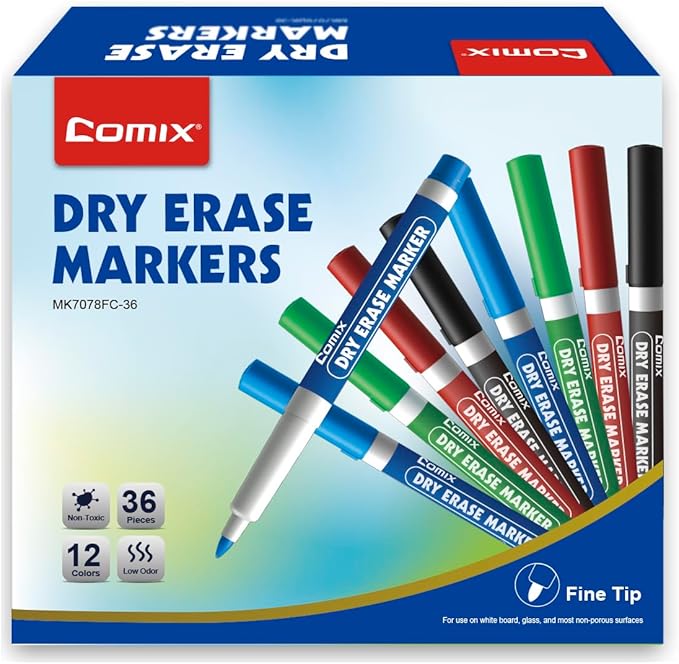 Comix Fine Tip Dry Erase Markers, Low Odor Whiteboard Markers, 36 Bulk 4 Assorted Colors Markers for Kids Teachers Office & School Supplies