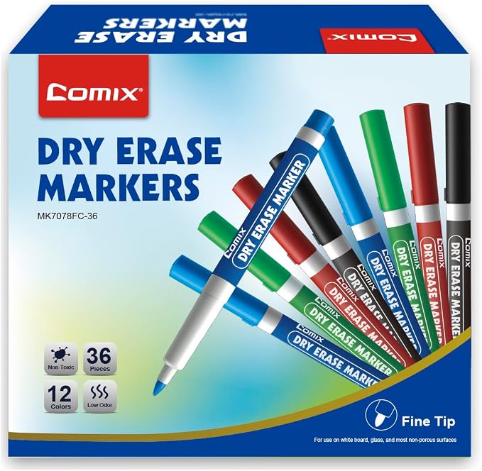 Comix Fine Tip Dry Erase Markers, Whiteboard Markers, 36 Bulk 4 Colors | Low Odor, Non-toxic, Smooth Writing, Easy to erase, Suitable for Classroom, Teachers, Office, School Supplies