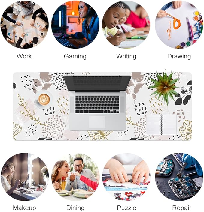 QiyI PU Leather Large Mouse Pad, Office Decor, 31.5" x 11.8", Boho Botany | Desk Décor Accessories, Extended Size, Waterproof & Easy to Clean, Smooth Surface, Non Slip Desk Organization