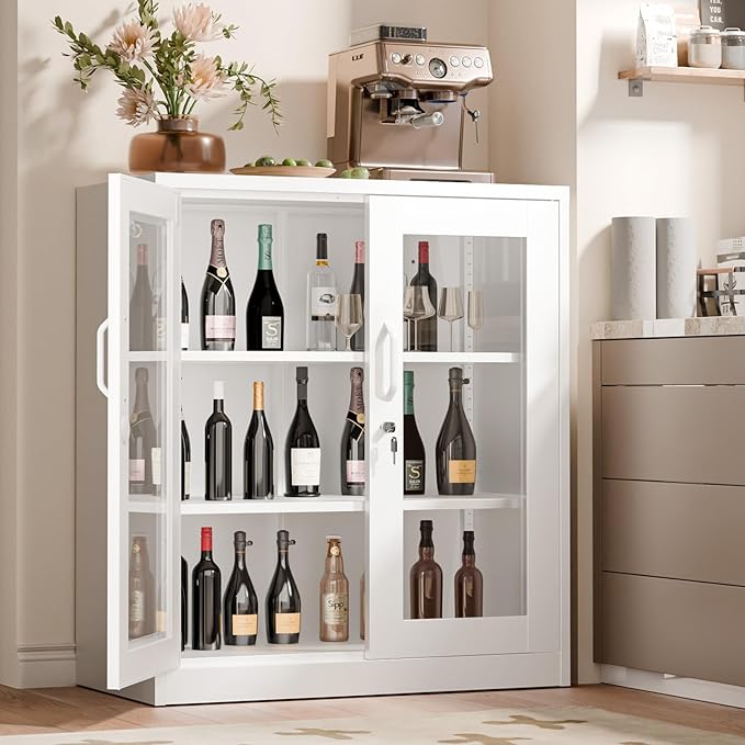VINGLI Lockable Display Cabinet with Glass Door & 3 Shelves, 35.5" H Metal Storage Cabinet Curio Liquor, Bookshelf Bookcase for Home Office Living Room Pantry Garage (White)