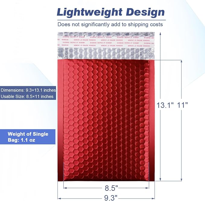 Metallic Matte Red Bubble Mailers Mailing Padded Envelopes 8.5x12 Inch- Self-seal Closure Bubble Shipping Bag 25pcs