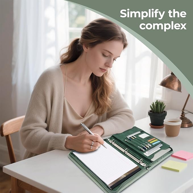 Embossed Faux Leather Zippered Padfolio with 3 Ring Binder, Executive Portfolio Organizer Binder for Women, Fits 13.9" Laptop/Tablet, Refillable Writing Pad Pocket, Green