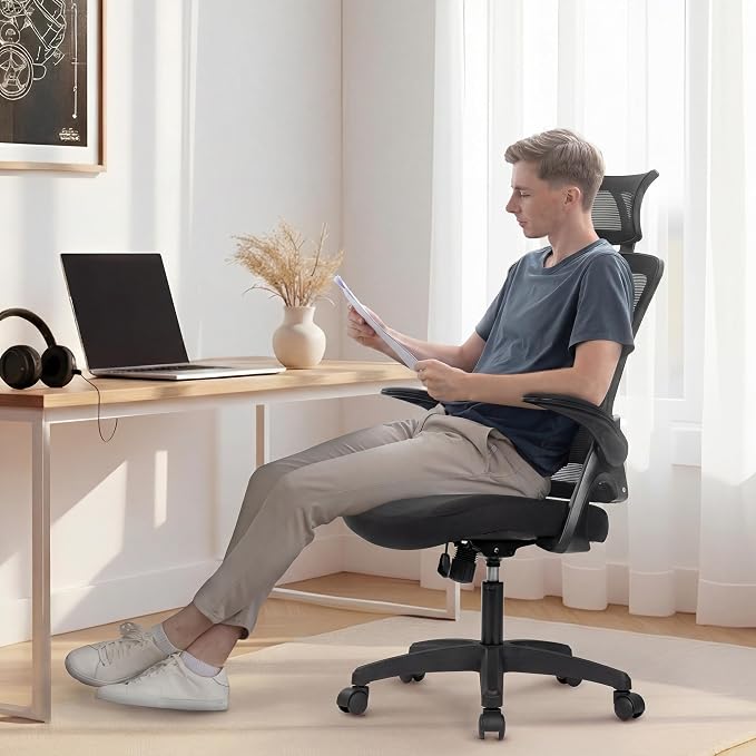NEO CHAIR Office Desk Chair with Ergonomic High Back Mesh Headrest, Black | Adjustable Headrest and Lumbar Support with Flip-Up Armrests Designed for Extended Sitting Comfort While Saving Space