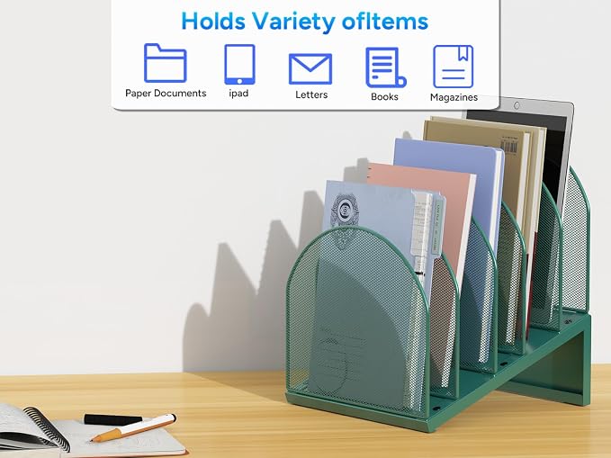 gianotter Desktop File Organizer with 5 Compartments | Desk Organizer Paper Organizer for Desk Workspace Organizers for Office Supplies (Green, Inclined Style)