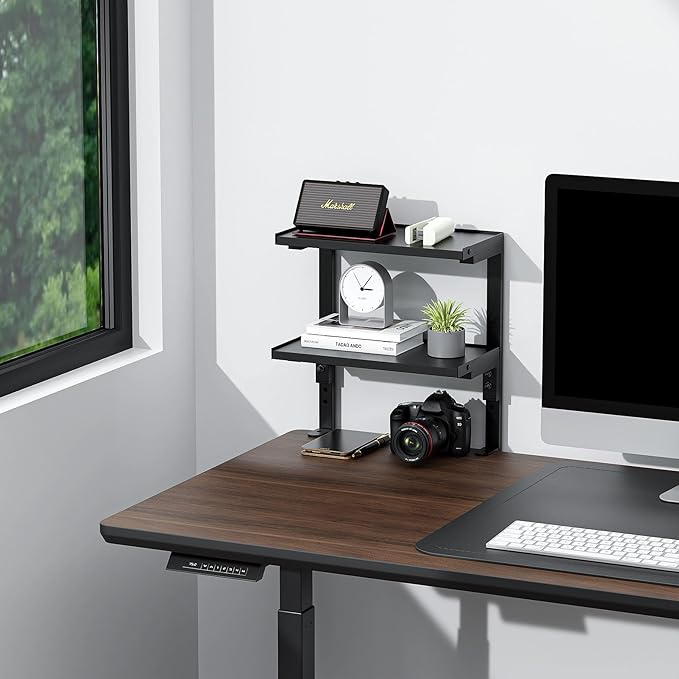 Spacrea 2 Tier Clamp on Desk Shelf | Office Desk Shelves Organizer, Wood Desktop Supplies Storage Rack, Desk Organizers and Accessories (Black)
