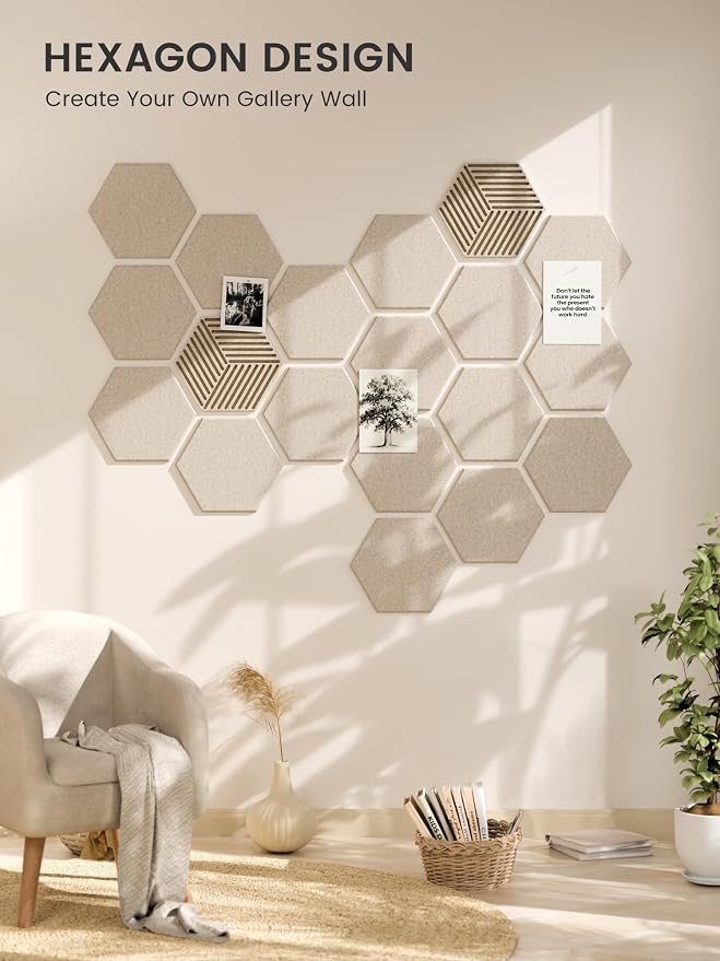 Fluxynara 10-Pack Hexagon Cork Board Alternative, Oatmeal | Felt Bulletin Board with 50 Adhesive Tabs, Ideal for Vision Boards and Wall Decor in Homes, Offices, Classrooms, and Dorms