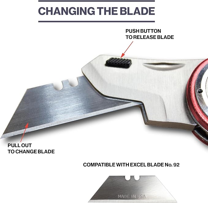 Excel Blades Revo Folding Utility Knife – Heavy-Duty Box Cutter with Aluminum Body, Quick-Change #92 Blades, 3 Lock Positions Design, Anti-Slip Finger Loop Grip, Holster Included – Red