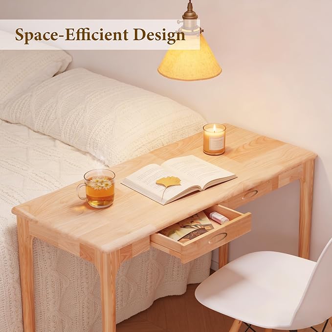 47" Solid Wood Desk with Drawers, Small Home Office Writing Wooden Desk, Gaming & Computer Desk for Bedroom, Work Study Table for Small Space(Beech,47Inch)