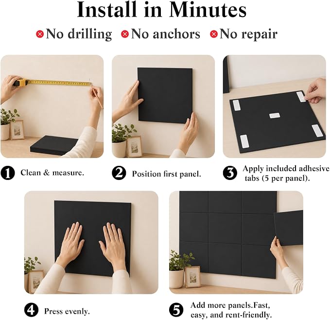 48" x 36" Decorative Bulletin Boards, Large Cork Board Alternative | 50 Pushpins, 60 Adhesive Tabs, Solid-Tile 12-Pack Felt Wall Tiles, Cork Boards for Office Push Pin Board Felt Board, Black | 50 Pushpins, 60 Adhesive Tabs, Solid-Tile 12-Pack Felt Wal...
