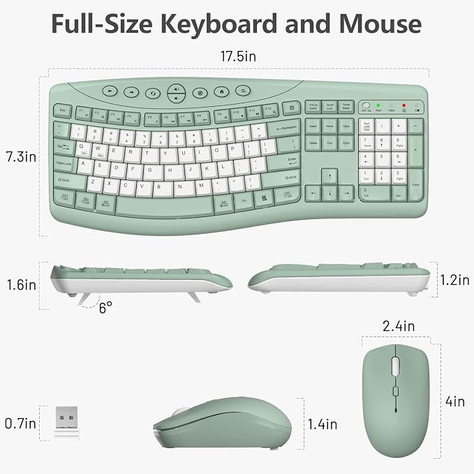 Wireless Keyboard and Mouse Combo, 2.4G Quiet Ergonomic Curved Keys (Green-B)
