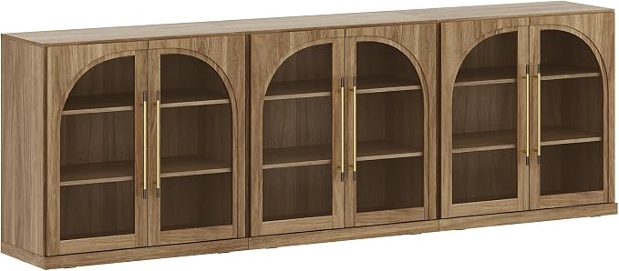 BELLEZE 3 Tier Bookshelf with Arched Glass Door, Set of 3 Modern Display Bookcase Shelf with Storage and Adjustable Shelves, 97'' Wood Bookshelves for Living Room Office Entryway (Camel)
