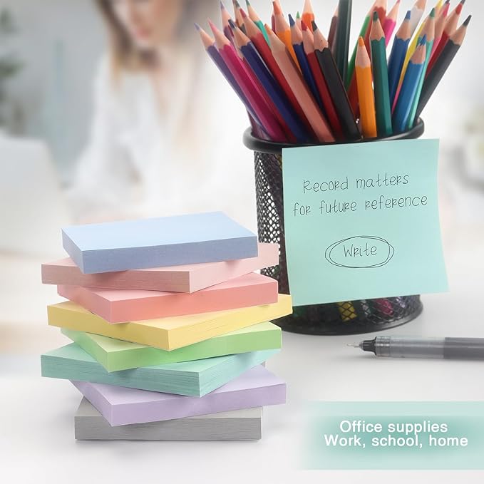 Sticky Notes 3x3 Inch, 8 Pads, Light Colors Self-Adhesive, 80 Sheets/Pad | Reusable Notepads for Office, School, and Home