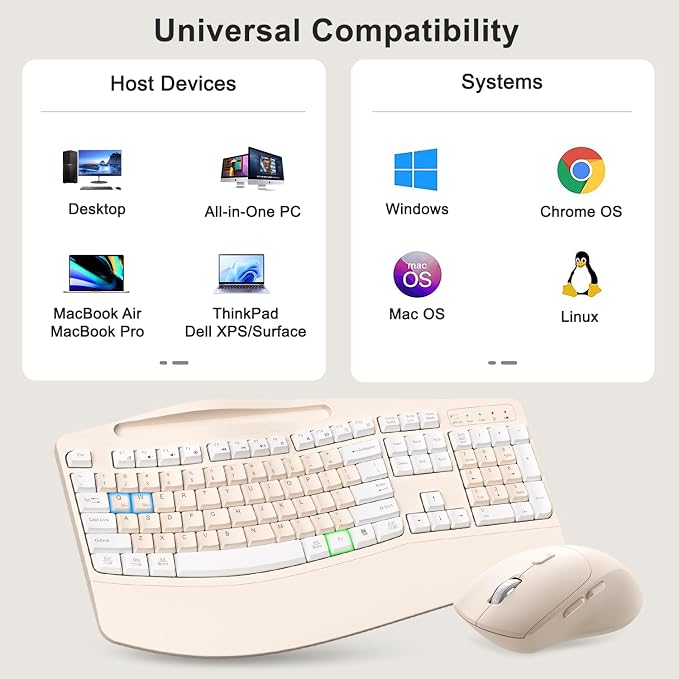 Wireless Keyboard and Mouse Combo, 2.4G Ergonomic Wave Keys(Milk Tea-A) | Full Size Ergonomic Keyboard with Wrist Rest, Phone Holder, 3-Level DPI Silent Mouse with 6-Buttons,for Windows/Mac OS/Laptop