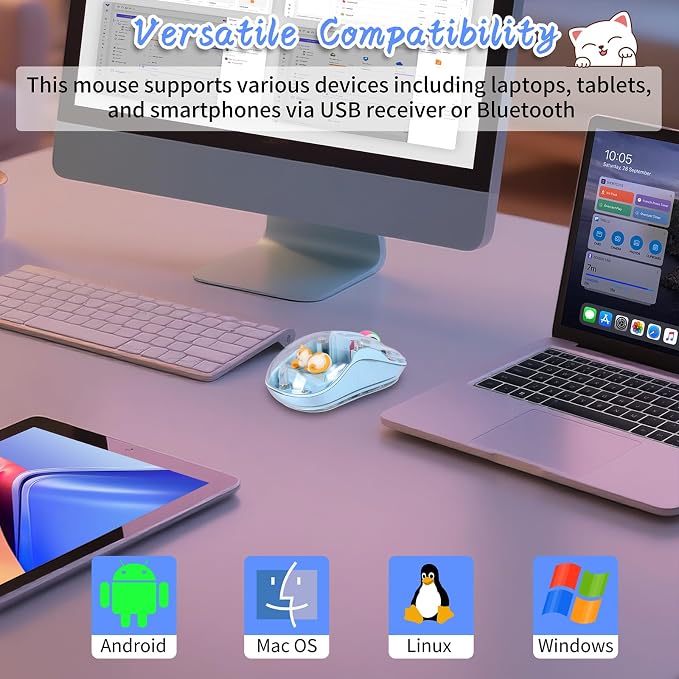 elec Space Cute Wireless USB C Mouse - Bluetooth Triple Mode Rechargeable Cartoon Mouse for Laptops, iPads & MacBook Air/Pro - Silent Operation, Portable Design, Unique Magnetic Character (Blue)