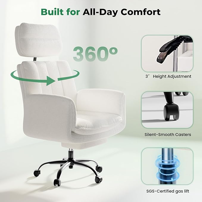 Criss Cross Office Chair with Armrests & Wheels, Comfy Velvet Vanity Chair, Ergonomic Executive Gaming Computer Chairs with Foot Rest, Wide Seat Reclining Desk Chair, White