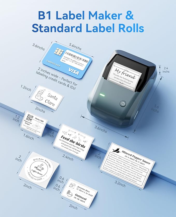 NIIMBOT B1 Label Maker, 2Inch Bluetooth Label Printer for Home, Blue | Label Maker Machine Support Smartphones & PC for Small Business, School, Office, Came with 1 Roll White Label(2x1.2'')