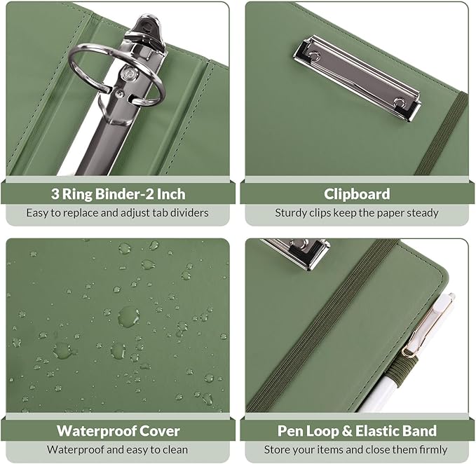 SKYDUE 3 Ring Binder with Clipboard, 2 Inch Binder, PU Clipboard Binder with Notepad & 5 Dividers with 5 Pockets, Labels, Clipboard Folder Great for School Office(Fit Letter Sized Paper)