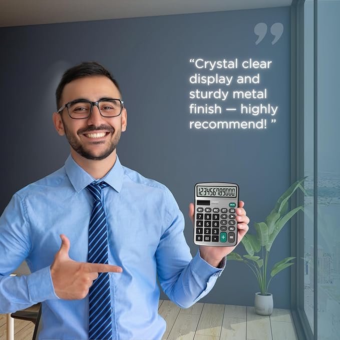 TRULY 12 Digits Desktop Calculator with Large LCD Display and Sensitive Button, Dual Solar Power and Battery, Standard Function for Office, Home, School, Metal Body, 837A Pro Silver