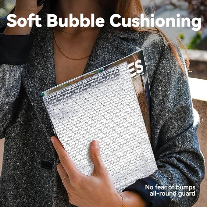 Koja Thermal Insulated Bubble Mailers 10-Pack 17x15” Silver Self-Seal Bags | Insulated design helps maintain temperature for shipping food, meal kits, frozen items, and other perishables.