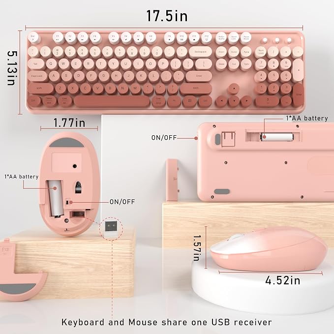 Links9+ Colorful Wireless Keyboard and Mouse Combo (Peach Gradient) | Full-Size Retro Typewriter Style Keyboard with Vintage Round Keycaps, 2.4G Wireless Set for Windows, Mac, Laptop, PC, Tablet