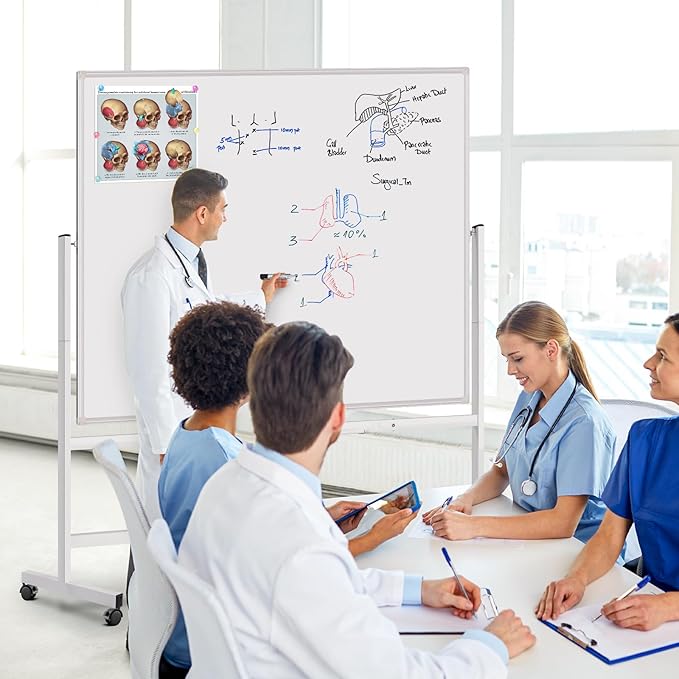 Maxtek Rolling Whiteboard on Wheels 60 x 48 in, Large Double-Sided Magnetic | 5‘x4' Mobile Giant Dry Erase Board with Stand Big Reversible Writing Surface for Office, School, Home and Homeschool(Sliver)