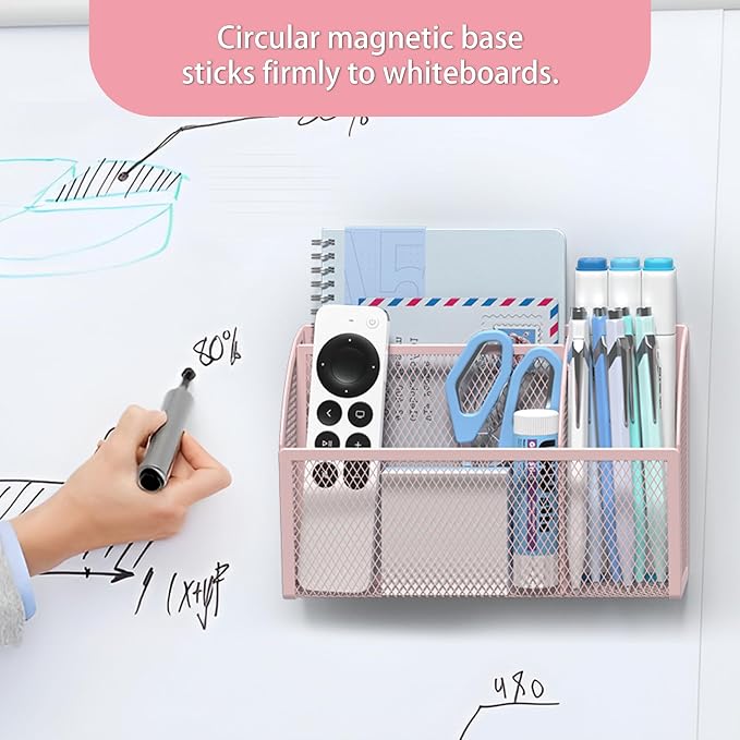 YINGHUA 3 Compartment Magnetic Metal Mesh Pen Holder, Pink Desk Caddy | Perfect magnetic organizer for locker, whiteboard, refrigerator, or office. Easily holds pens and accessories