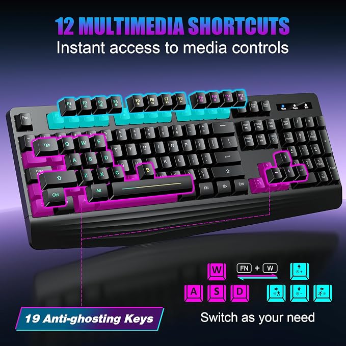 Wireless Gaming Keyboard, RGB Backlit Silent, Full-Size Waterproof Keyboard | RGB & Single-Color Backlit Silent Keys, Wrist Rest, Sleep Mode, Rechargeable 2.4G Wireless Computer for Windows/Mac/PC/Laptop