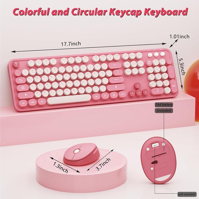 Colorful Wireless Keyboard and Mouse for PC Laptop | Cute Colorful Typewriter Retro Round Keyboard and mouse for PC Laptop