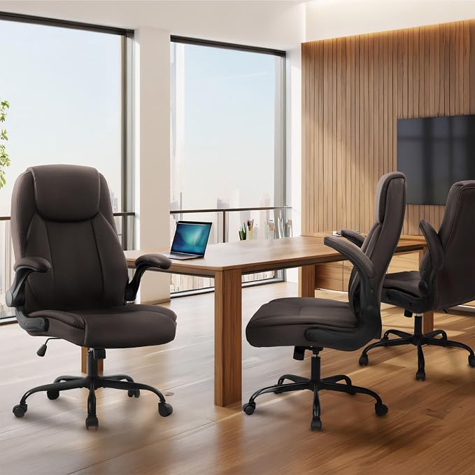 NEO CHAIR Office Desk Chair, High Back PU Leather with Flip-up Arms, Brown | Ergonomic Tall Computer Desk Chair Comfy, Height Adjustable, Swivel Rolling Wheels for Office Home Gaming Study