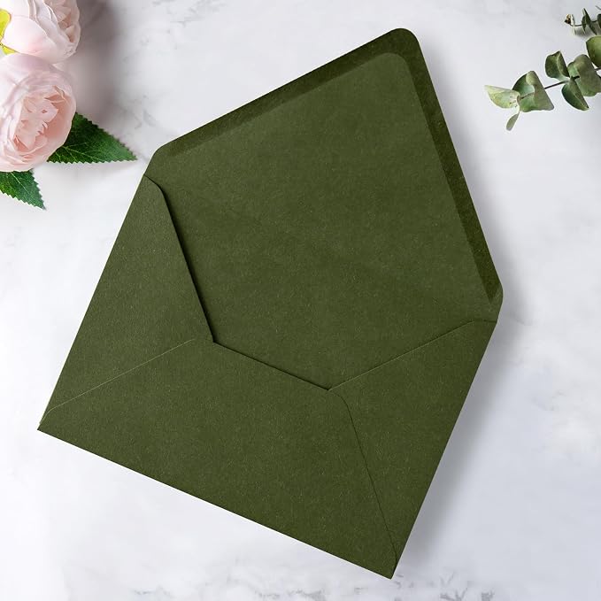 PONATIA 50PCS A7 Euro Flap Envelopes, 5.25 x 7.25'' Envelope for 5x7'' Weddings Invitation Cards, Christmas Gift Cards, Acrylic Invitations, Photos (Olive Green (No Liner))