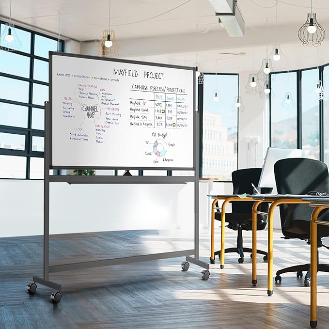 Maxtek Rolling White Board on Wheels 48x32 in, Double-Sided Magnetic Black | Mobile Dry Erase Board with Stand, Aluminum Frame Easel, Reversible Writing Surface for Office, Classroom School Homeschool