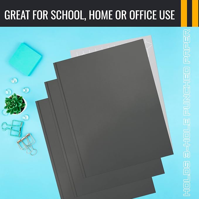 Better Office Products Gray Paper 2 Pocket Folders with Prongs, Matte Texture, Letter Size Paper Folders, 50 Pack, with 3 Metal Prong Fastener Clips, Gray